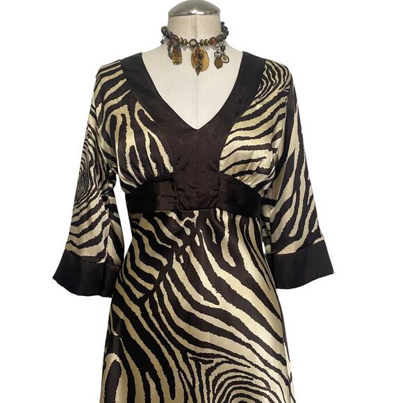 Vintage 90's Jodi Kristopher Satin Brown Zebra Print Dress- Funky Hippie Boho - Picture 2 of 14